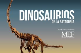 Cartel de la exposición Dinosaurios de la Patagonia que muestra una réplica del esqueleto de un dinosaurio Patagotitan mayorum.