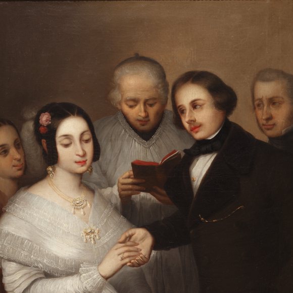 Mujer casándose en el cuadro "Una boda" de José Gutiérrez de la Vega, 1830