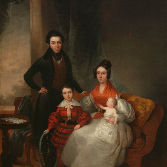 Mujer abrazando a sus hijos en el cuadro "La familia de Cayetano Fuentes" de José Elbo, 1837