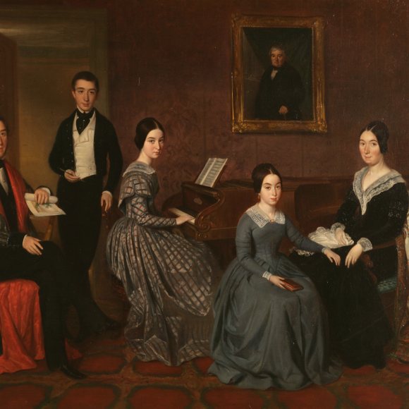 Mujer tocando el piano en el cuadro "La familia de Jorge Flaquer" de Joaquín Espalter, 1842-1845