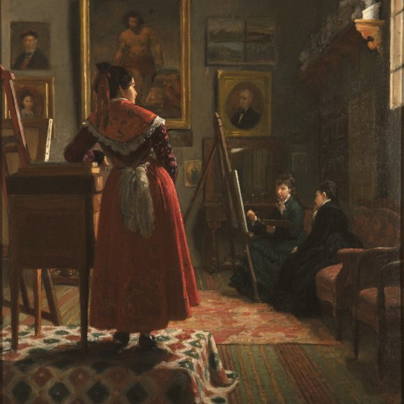 Mujer pintando en el cuadro "Interior de taller" de Joaquín Espalter, 1875-1880